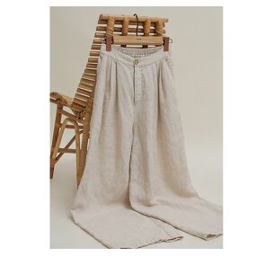 Custom Logo High Quality Pleated Cotton Linen Wide Leg Women's Pants Low MOQ Casual Style Plain Beige Color Loose Fitting
