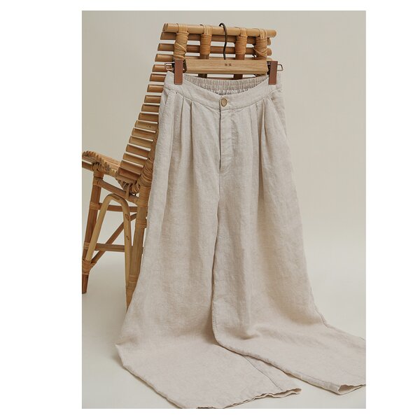 Custom Logo High Quality Pleated Cotton Linen Wide Leg Women's Pants Low MOQ Casual Style Plain Beige Color Loose Fitting