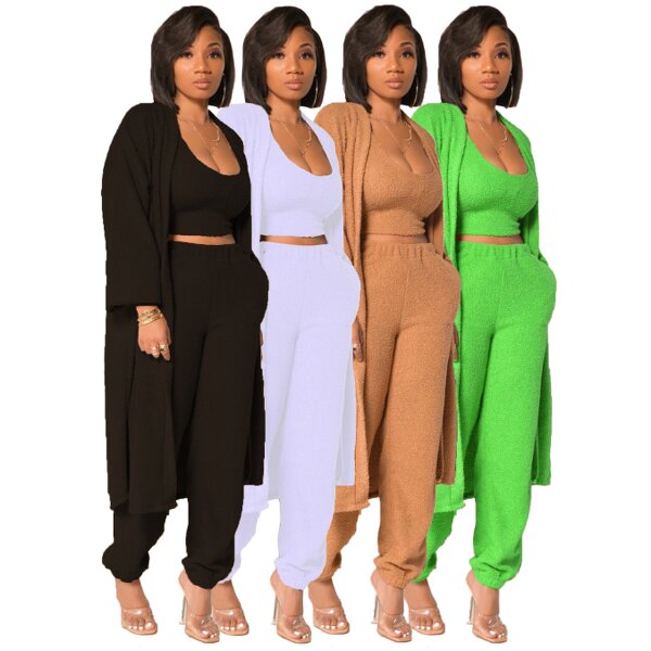 Women's Fuzzy 3 Piece Lounge Sets Sweatsuits Open Front Cardigan Crop Tank Tops Wide Legs Pants Outfits