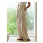 Custom Logo High Quality Pleated Cotton Linen Wide Leg Women's Pants Low MOQ Casual Style Plain Beige Color Loose Fitting
