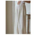 Custom Logo High Quality Pleated Cotton Linen Wide Leg Women's Pants Low MOQ Casual Style Plain Beige Color Loose Fitting