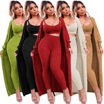 Women 3 Piece Lounge Set Scoop Neck Crop Tops High Waist Pants Open Front Cardigan Outfit Set