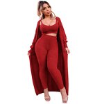 Women 3 Piece Lounge Set Scoop Neck Crop Tops High Waist Pants Open Front Cardigan Outfit Set