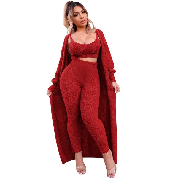 Women 3 Piece Lounge Set Scoop Neck Crop Tops High Waist Pants Open Front Cardigan Outfit Set