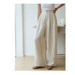 Custom Logo High Quality Pleated Cotton Linen Wide Leg Women's Pants Low MOQ Casual Style Plain Beige Color Loose Fitting