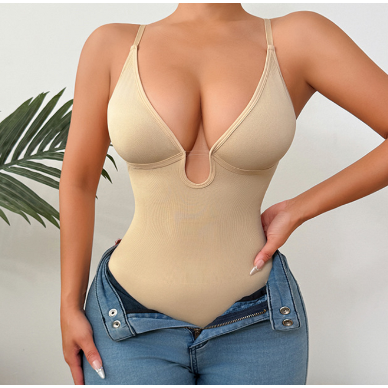 Women's T-Shaped Bodysuit Hot Selling Deep V-Neck Jumpsuit Wholesale Silk One Piece Shapewear Everyday Style Firm Size 3XL