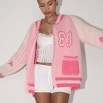 Cardigan Sweater Manufacturer - Baseball Style Zipper Pink Loose Casual Sweater