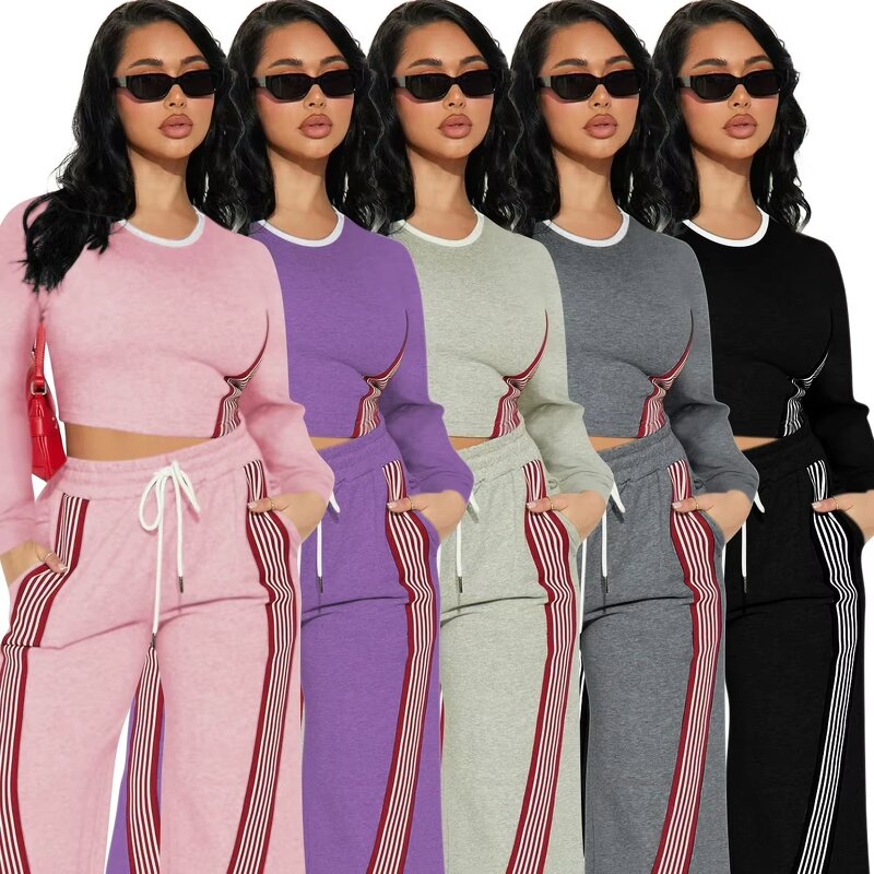 Women Jogger Set Manufacturer - Custom Side Stripe Crop Top Bell-bottom Pants