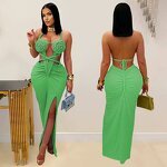 Maxi Dress Manufacturer - Wholesale Solid Halter Knitted Split Beach Dress