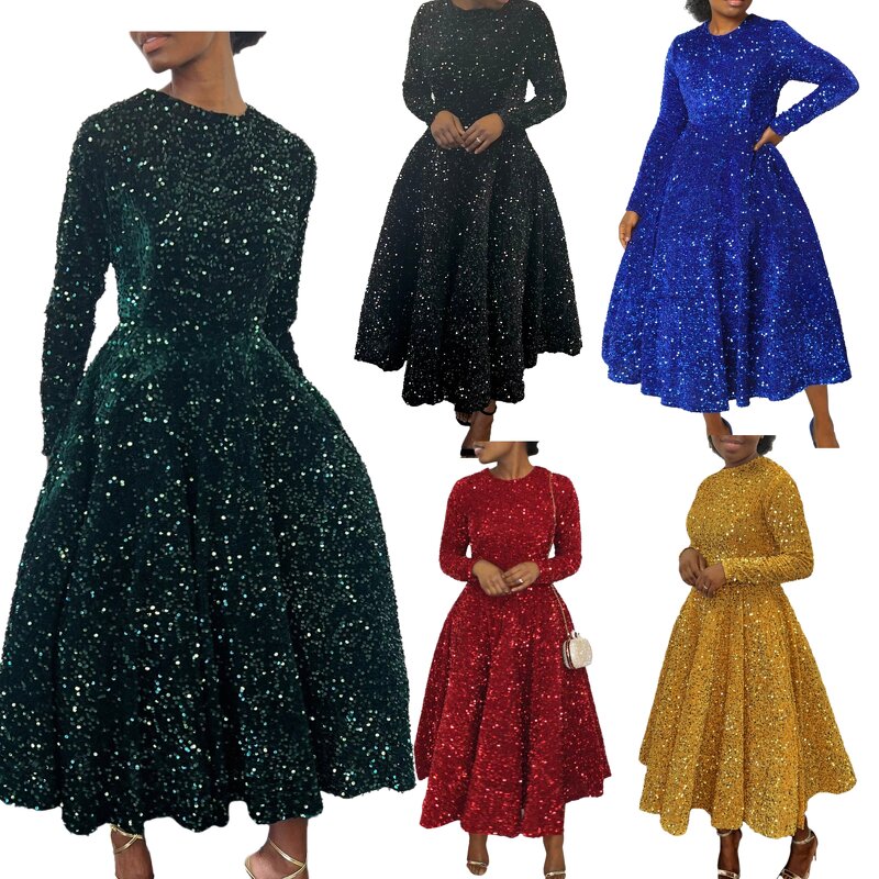 Sequin Dress Manufacturer - Custom Fit and Flare Long Sleeve Royal Blue Dress