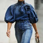 Women Denim Shirt Manufacturer - Custom Half Puff Sleeve Jean Shirt with Bowknot