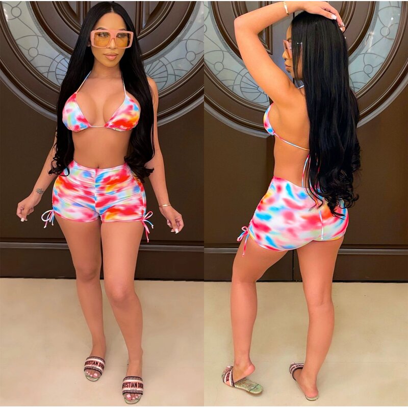 Bikini Set Manufacturer - Custom Colourful Print Bikini Top and Shorts Set