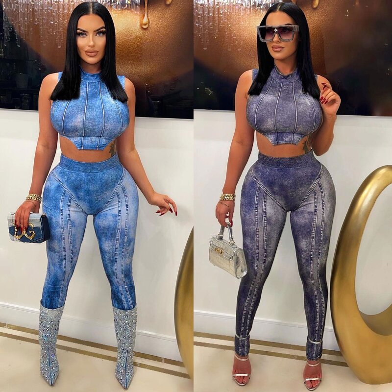 Plus Size Two-Piece Set Manufacturer - New Arrival Denim Printed Two-Piece Set