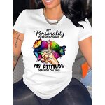 Women T-shirt Manufacturer - Custom Letter Pattern Print Round Neck Knit T-shirt