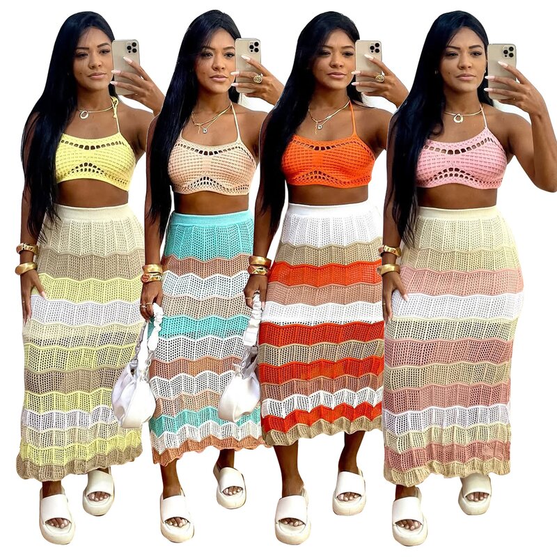 Beach Set Manufacturer - Wholesale Rainbow Colourful Halter Bra Long Skirt Set
