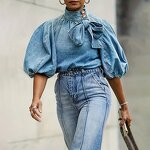 Women Denim Shirt Manufacturer - Custom Half Puff Sleeve Jean Shirt with Bowknot