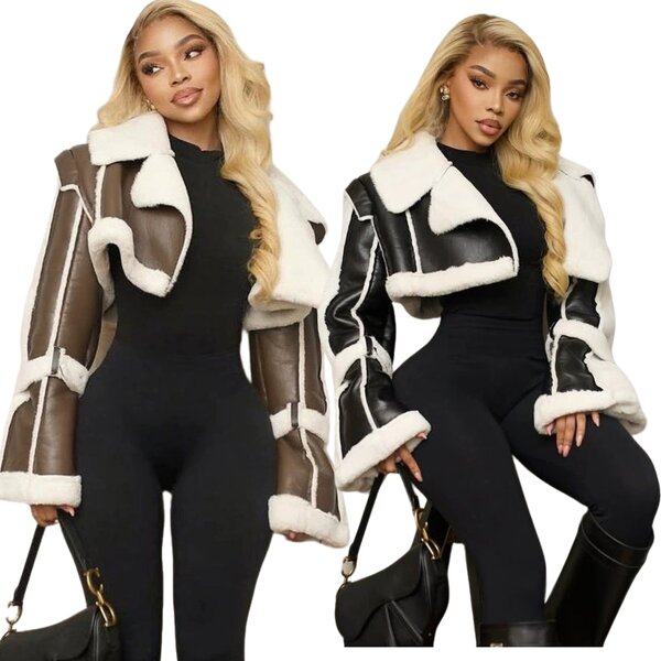 Leather Jacket Manufacturer - Fashion Cropped Splicing Furry Long Sleeve Jacket