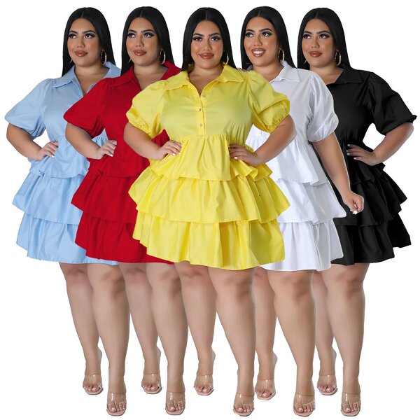 Plus Size Dress Manufacturer - Wholesale Vintage Solid Pleated Short Sleeve Dress