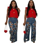 Women Pants Manufacturer - Custom Heart Cutout Washed Loose Wide Leg Jeans