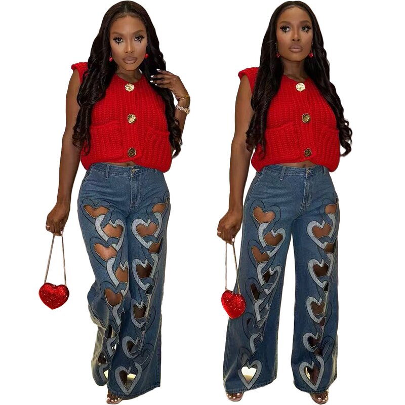 Women Pants Manufacturer - Custom Heart Cutout Washed Loose Wide Leg Jeans