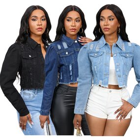 Denim Jacket Manufacturer - Wholesale Light Blue Ripped Distressed Crop Jacket