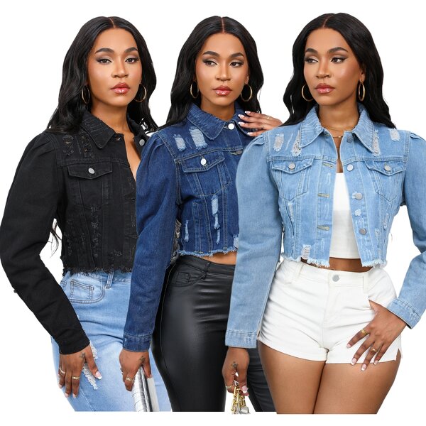 Denim Jacket Manufacturer - Wholesale Light Blue Ripped Distressed Crop Jacket