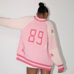 Cardigan Sweater Manufacturer - Baseball Style Zipper Pink Loose Casual Sweater