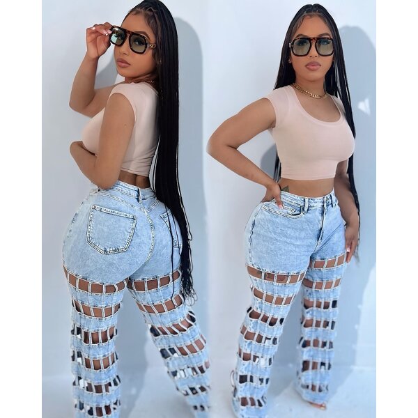 Women Jeans Manufacturer - Wholesale Hollow Out Distressed Straight Leg Jeans