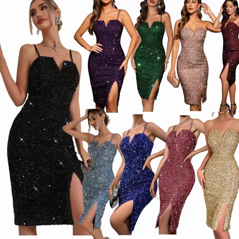 Sequin Dress Manufacturer - Custom Spaghetti Strap V Neck Gold Midi Split Dress