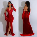 Velvet Evening Dress Manufacturer - Custom High Slit Sweep Train Sequined Gown
