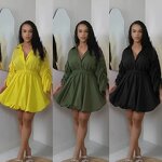Mini Dress Manufacturer - Custom Solid Deep V Neck Puffy Shirt Dress