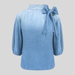 Women Denim Shirt Manufacturer - Custom Half Puff Sleeve Jean Shirt with Bowknot