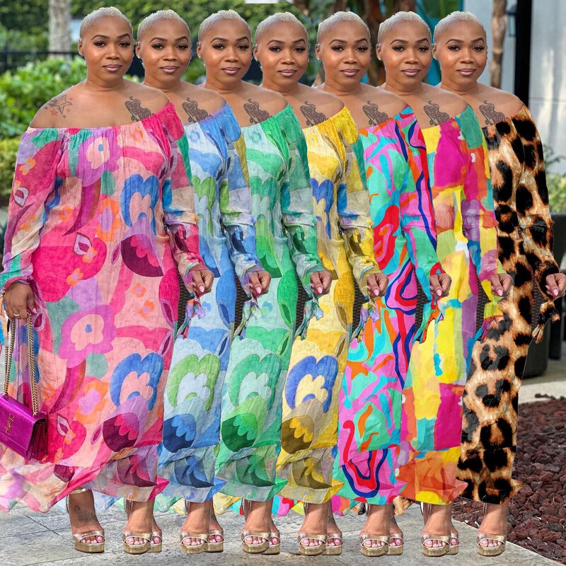 Plus Size Maxi Dress Manufacturer - Wholesale Off Shoulder Floral Long Sleeve Dress