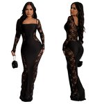 Party Dress Manufacturer - Custom Black Lace Splicing Long Sleeve Maxi Dress