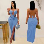 Maxi Dress Manufacturer - Wholesale Solid Halter Knitted Split Beach Dress