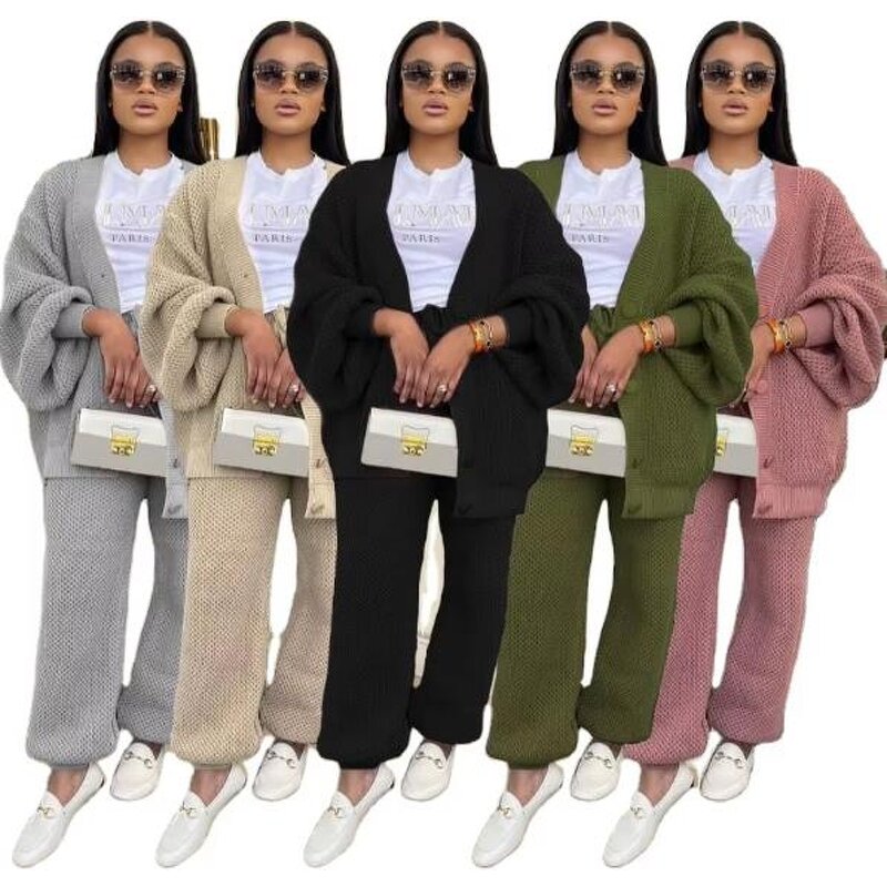 Women Sweater Set Manufacturer - Thick Winter Loose Cardigan Pant Outfit