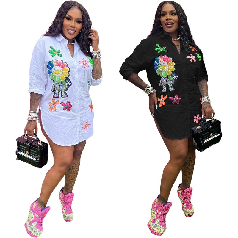 Women Blouse Manufacturer - Custom Polo Neck Button Long Cute Flower T-shirt