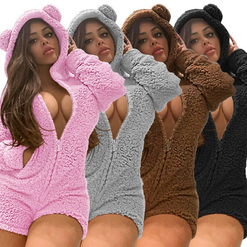 Women Romper Manufacturer - Winter Furry Long Sleeve Cute Sleepwear Jumpsuit