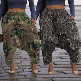Women Pants Manufacturer - Wholesale Distressed Ripped Leopard Harem Pants