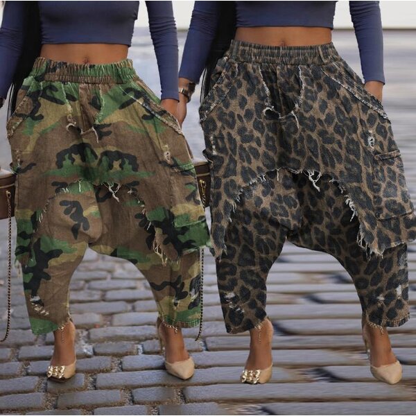 Women Pants Manufacturer - Wholesale Distressed Ripped Leopard Harem Pants