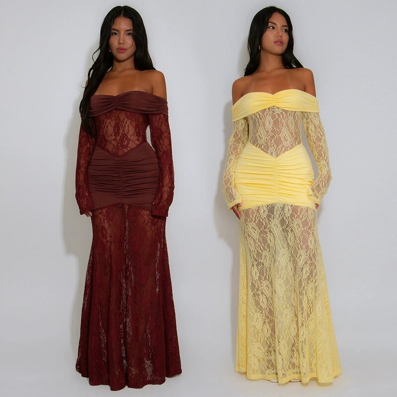 Evening Dress Manufacturer - Custom See Through Lace Stretchy Long Sleeve Dress