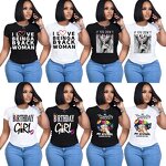 Women T-shirt Manufacturer - Custom Letter Pattern Print Round Neck Knit T-shirt