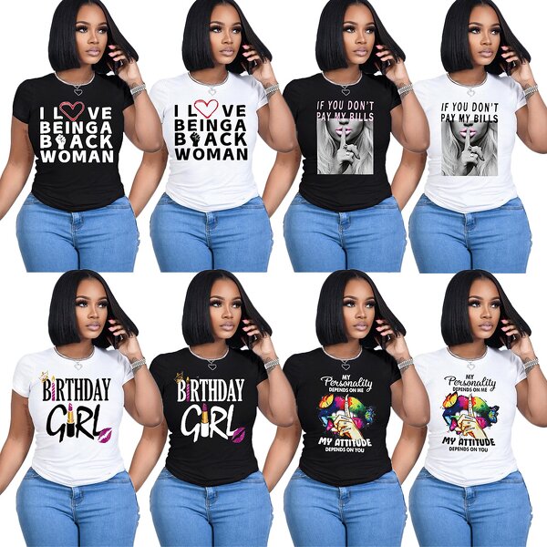 Women T-shirt Manufacturer - Custom Letter Pattern Print Round Neck Knit T-shirt