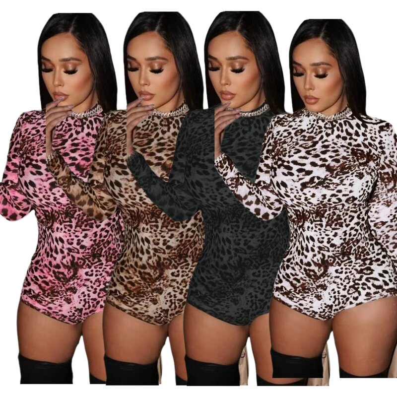 Women Romper Manufacturer - Custom Leopard Print Long Sleeve Bodycon Overalls