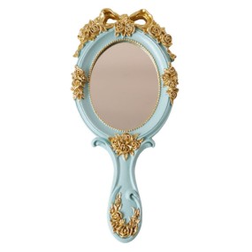 European Vintage Resin Wooden Makeup Mirror Handheld Carved Oval Mirror Portable Salon Mirror