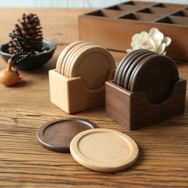 Wood Coaster Set Manufacturer - 6 Pcs Walnut Beech Round Laser Engraved Set