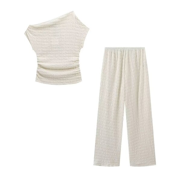 Asymmetrical Top and Trousers Set Factory - OEM Custom Solid Color Knitted Texture Suit