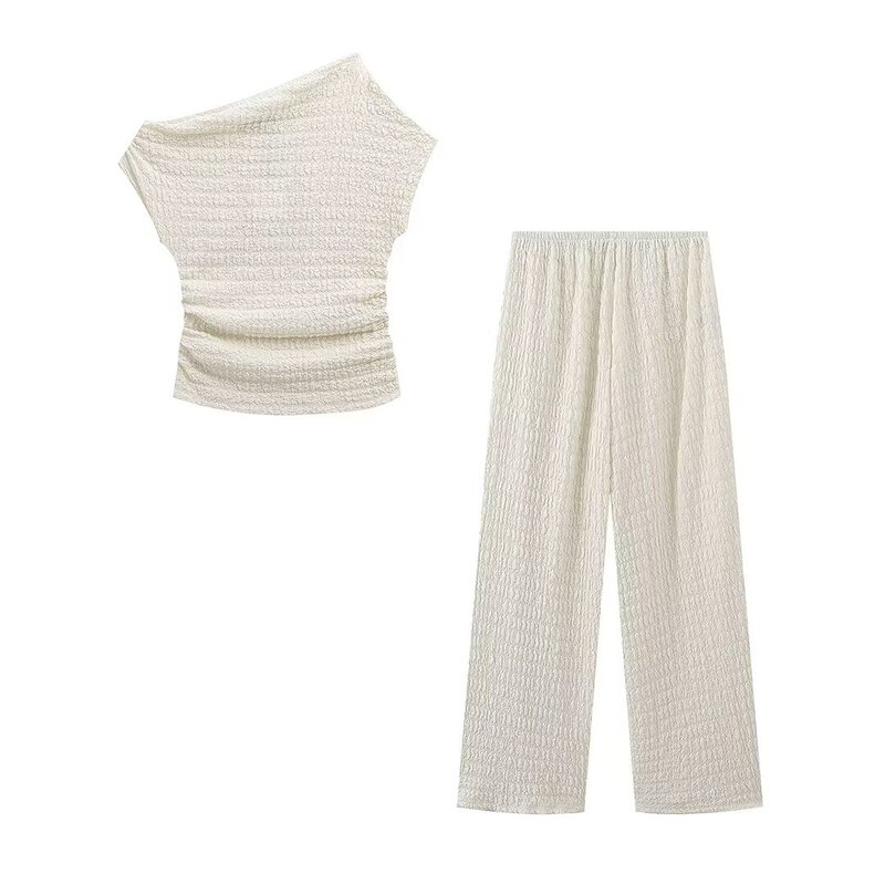Asymmetrical Top and Trousers Set Factory - OEM Custom Solid Color Knitted Texture Suit