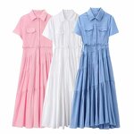Belted Shirt Dress Factory - OEM Custom Retro Lapel Short Sleeve Solid Color
