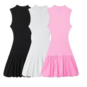 Balloon Ribbed Dress Factory - OEM Custom Retro Round Neck Sleeveless Slim